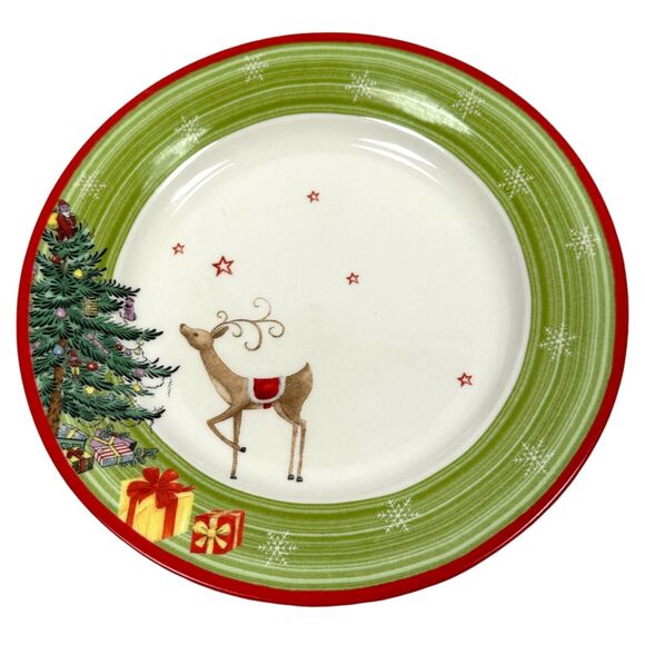 Spode Christmas Jubilee Salad Plate 8" Reindeer Tree Lot of 4 Green Red White - Picture 3 of 7